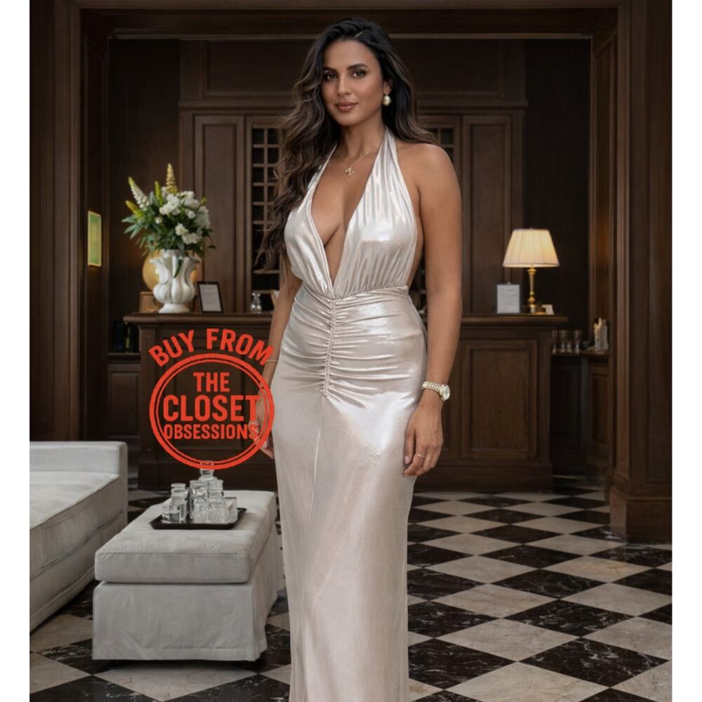 ZARA Metallic Halter Maxi Dress NWT Silver Ruched Formal Wedding Guest L - Picture 11 of 16